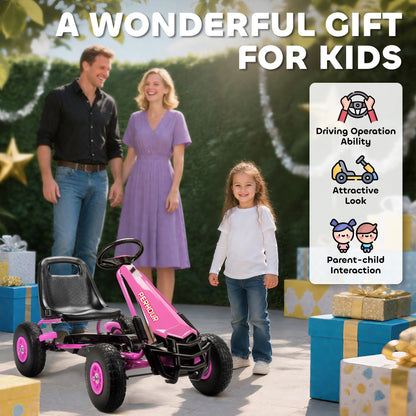 AIYAPLAY Kids Pedal Go Kart with Adjustable Seat, EVA Tyres, Manual Clutch, Brake, Go Kart for Kids 3-8 Years, Pink