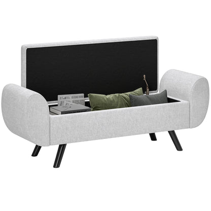 HOMCOM Storage Ottoman with Armrest, Upholstered Linen Storage Bench, Window Seat with Rubberwood Legs, Footstool for Bedroom Living Room, Hallway, Light Grey