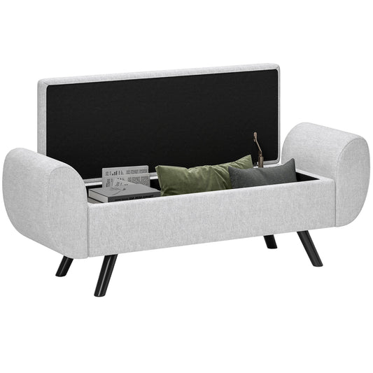 HOMCOM Storage Ottoman with Armrest, Upholstered Linen Storage Bench, Window Seat with Rubberwood Legs, Footstool for Bedroom Living Room, Hallway, Light Grey