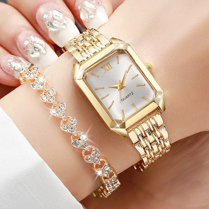 2PCS/Set Fashion Rectangle Women Quartz Watch Ladies Roma Dial Wristwatches Rhinestone Bracelet Set Reloj Mujer Girls Clock Gift