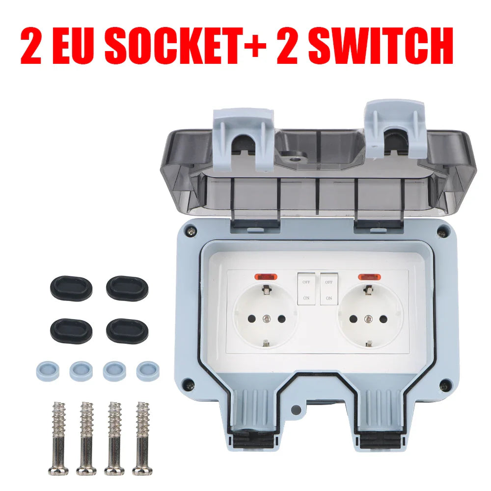 Double EU Socket Power Supply Switch Socket 16A Outdoor Wall Power Socket With USB Charging for Home& Garden IP66 Weatherproof