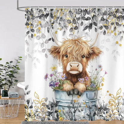Cute Highland Cow Shower Curtain for Bathroom, Farmhouse Rustic Cow Animal Bathing in Bathtub Shower Curtains Decor Set