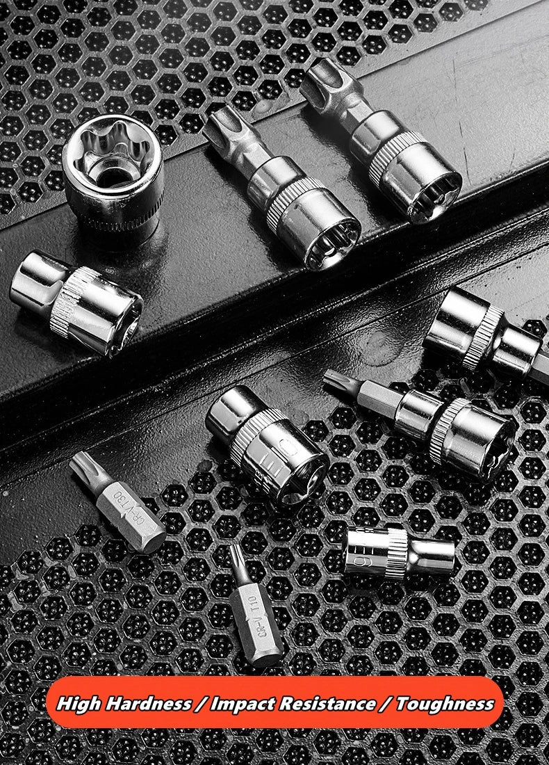 Professional 34pcs Torx Bit Socket & E-Torx Star Socket Set 1/4" 3/8" 1/2" Drive Male Female E-torx Bits Handheld Tool with Case