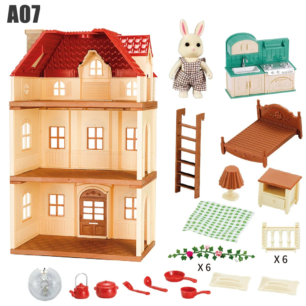 Family Dollhouse Furniture Playset Cabin Doll House DIY Cottage Pretend Play Kitchen Dollhouses Rabbit Dolls Birthdays Gifts