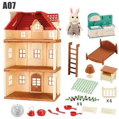 Family Dollhouse Furniture Playset Cabin Doll House DIY Cottage Pretend Play Kitchen Dollhouses Rabbit Dolls Birthdays Gifts