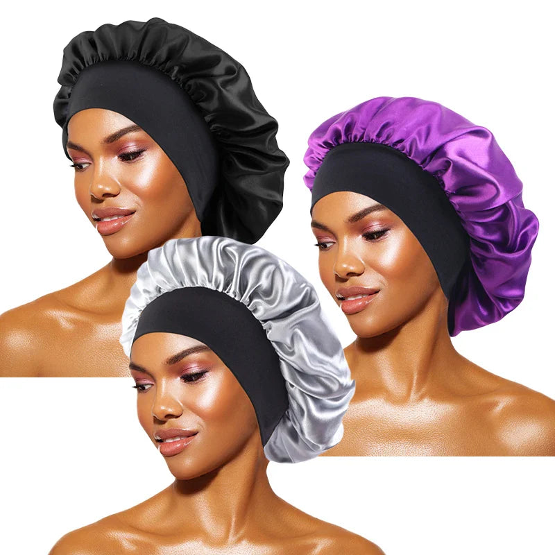 Women's Satin Solid Bonnets Wide-brimmed Night Sleeping Bathing Hat Unisex Head Wrap Elastic Band Cap Hair Care Bonnet