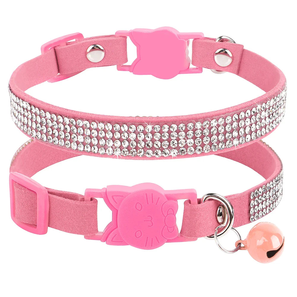 Soft Pink Suede Leather Cat Collar - Cute Bling Rhinestone Design, with Bell & Safety Breakaway Buckle, Adjustable XS/S Sizes