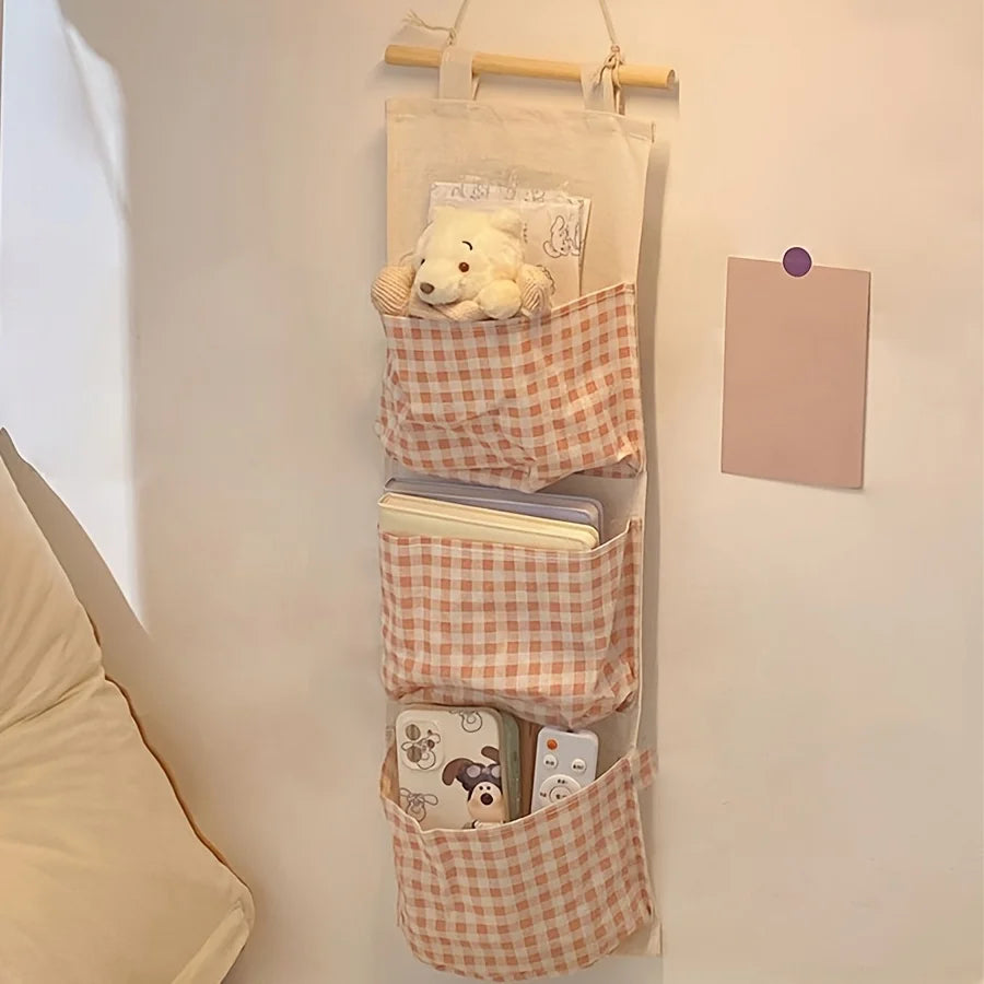 Pink Storage Bag Rack Canvas Wall Mounted Bedroom Storage Bag Multifunctional for Books, Jewelry, and Miscellaneous Items,