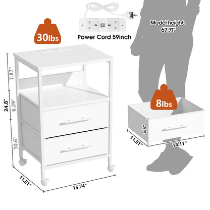 Bedside Table With Charging Station Nightstand With 2 Outlets And 2 USB Ports With 4 Castors