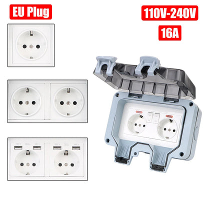 Double EU Socket Power Supply Switch Socket 16A Outdoor Wall Power Socket With USB Charging for Home& Garden IP66 Weatherproof