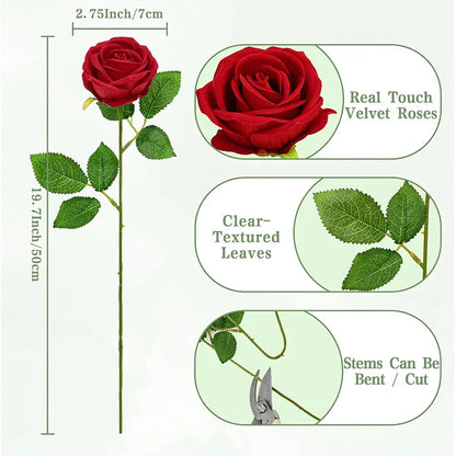 Red Roses Artificial Flowers Bulk Real Touch Velvet Roses Flowers for Wedding Centerpieces Bridal Bouquet Valentines Day Decor