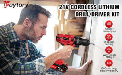 21V Cordless Drill,45Nm Electric Screwdriver Set with 29PCS Accessories, 2 Variable Speed for Home DIY Project Kit