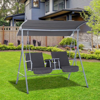 Outsunny 2 Seater Garden Swing Chair Patio Rocking Bench W/ Tilting Canopy, Double Padded Seats, Storage Bag and Tray, Grey