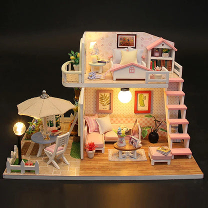 3D Puzzle Building Model Kit Wooden Miniature Doll House With LED Lights Assembled DollHouses Home Decoration Birthday Gifts