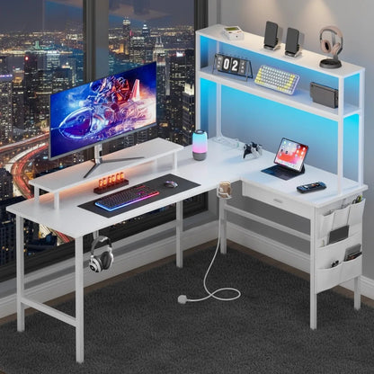 Reversible Computer Desk with LED Lights and Drawer, L Shaped Corner Gaming Desk with Storage Shelves & Bag, Desk Shelf for