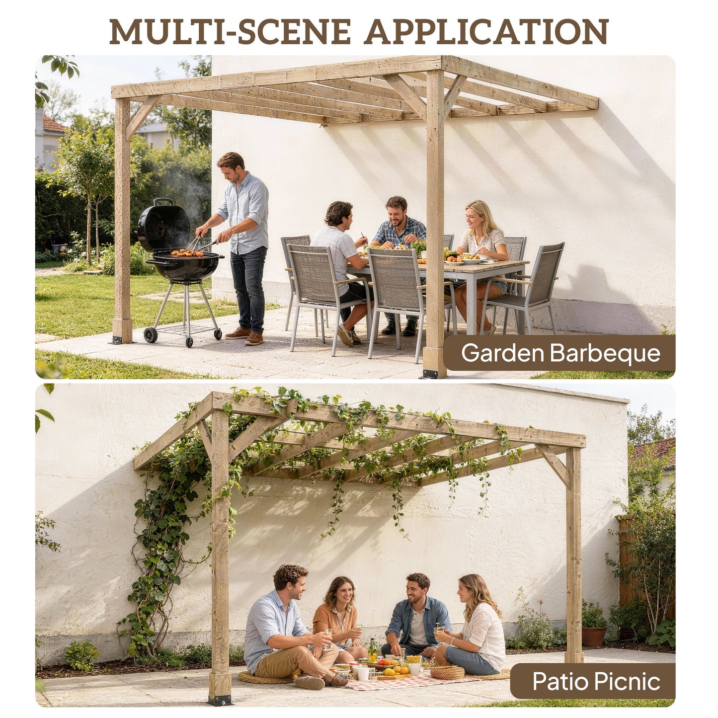 Outsunny Lean-To Wooden Pergola Kit, Decorative Garden Gazebo with Stable Structure and Concrete Anchors, 3 x 3 m, Light Brown