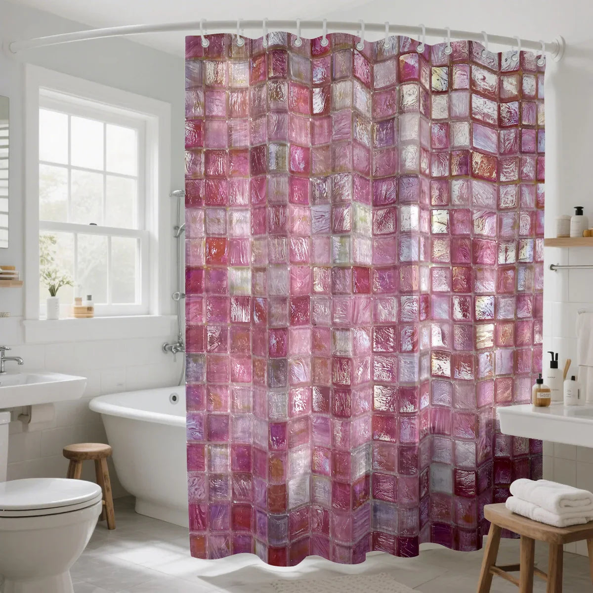 1pc pink ice block imitation simple printing waterproof partition privacy hanging curtain with 12 hooks, multiple sizes
