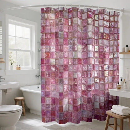 1pc pink ice block imitation simple printing waterproof partition privacy hanging curtain with 12 hooks, multiple sizes