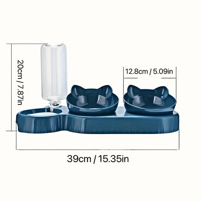Pet Bowls With Water Feeder, 3 In 1 Ear Design Tilted Cat Water And Food Bowl Set With Gravity Water Bottle For Neck Protection