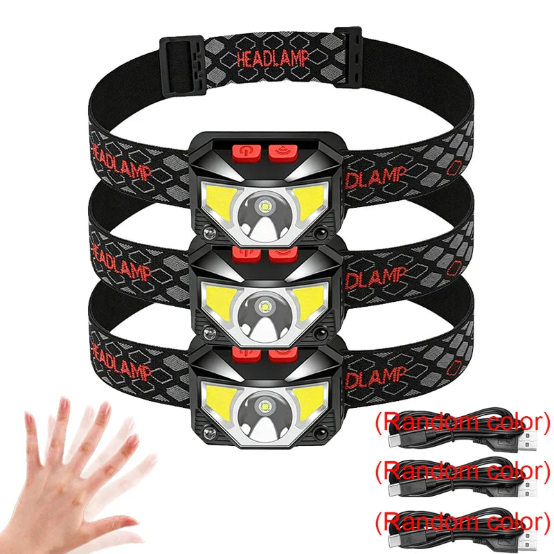 1-3PCS Rechargeable LED Headlamp Sensor Headlight With COB and LED Beads 8 Lighting Modes White and Red Light Fishing Light