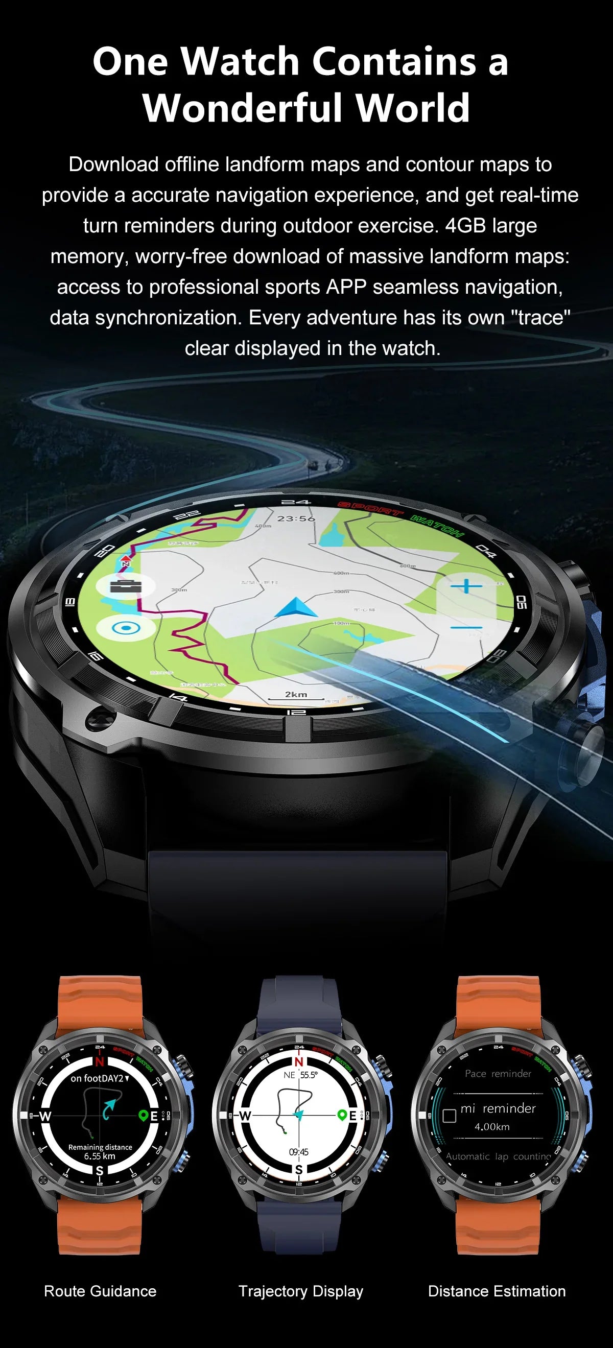 2026 Men GPS New Offline Map Smart Watch 10ATM Waterproof 4GB Route Navigation Clock 1000mAh Battery Outdoors Military Watches