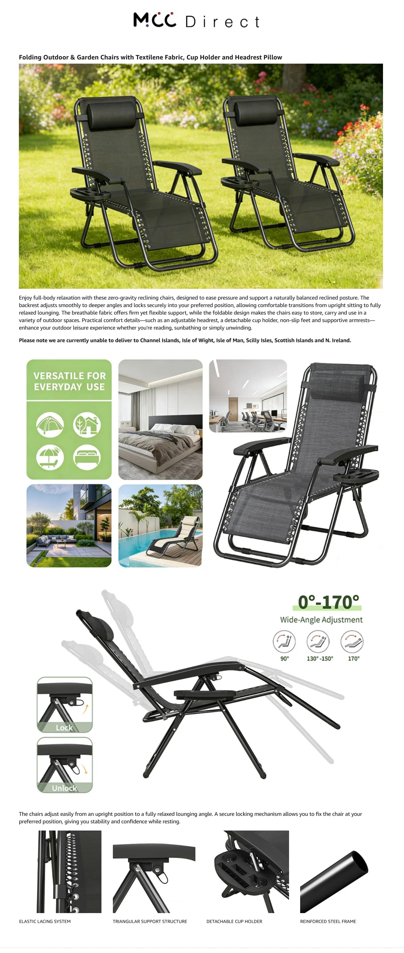 Zero Gravity Reclining Chair Set of 2 – Folding Outdoor & Garden Chairs with Textilene Fabric, Cup Holder and Headrest Pillow