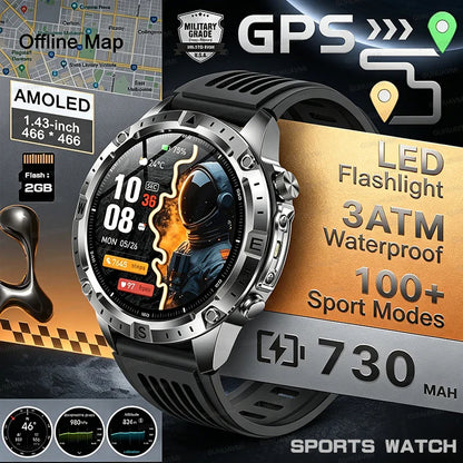 New TANK Military GPS Offline Map Smart Watch 730mAh 3 ATM Waterproof Sports Compass Heart Rate 2GB HD Bluetooth Call SmartWatch