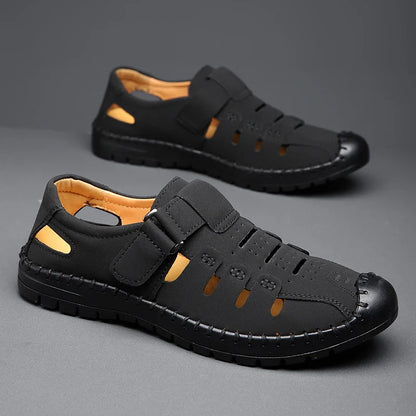 Men's Summer Hollow out Comfortable Breathable Slip-On Leather Shoes Anti-Slip Soft Bottom Outdoor Casual Loafers-1375