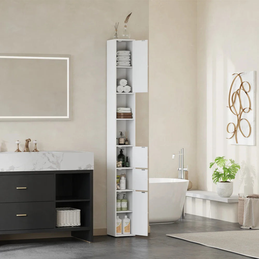 BonChoice Tall&Slim Bathroom Cabinet with 4 Doors&2 Open Shelves, Slim Bathroom Storage Cabinet Unit Narrow Cupboard