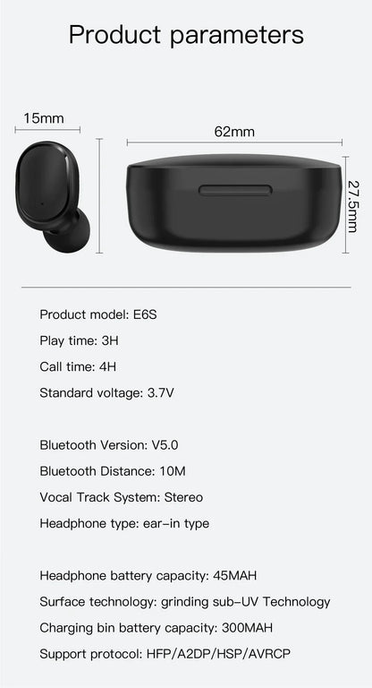 E6S TWS Wireless Headphones Sports Waterproof Bluetooth 5.0 Earphone  Stereo Headset with Microphone for Iphone Xiaomi Vivo Oppo
