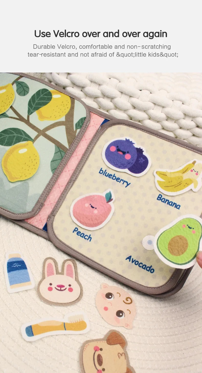 Montessori Busy Book Baby Early Education Book，Puzzle Toy, Animal Cognitive Fabric Book, Repeated Paste Book & Sensory toys