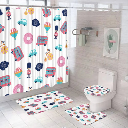 Cartoon Car Bathroom Decor Set Teens Transportation Car Shower Curtain for Kid Boy Girl Truck Bus Taxi Bath Mat Rug Toilet Cover