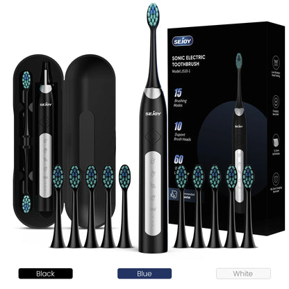 Sejoy Electric Sonic Toothbrush with 10 pcs Replacement Heads Rechargeable Waterproof Tooth Brushes for Home Travel