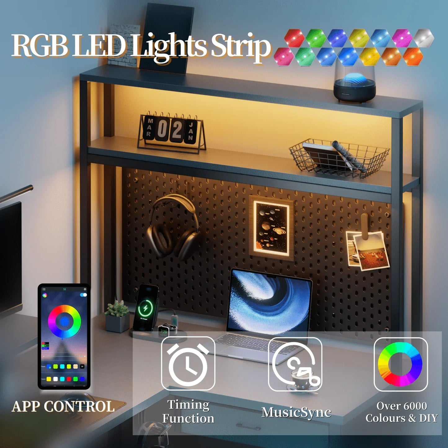 Reversible Computer Desk with LED Lights and Drawer, L Shaped Corner Gaming Desk with Storage Shelves & Bag, Desk Shelf for