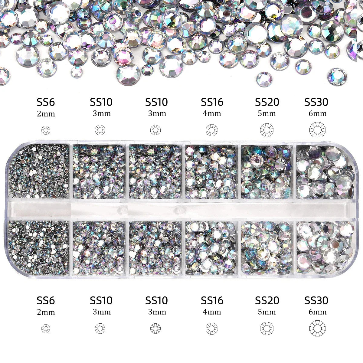 2400pcs+ Shiny Clear Crystal Gems Nail Rhinestones 1.5-4mm Mixed Round Glass Stone Flatback Nail Charms 12grids Nail Diamond DIY