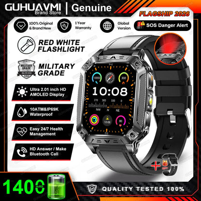 2026 New Built-in 1400mAh Super Large Battery Men Smart Watch Outdoor GPS 2.01"AMOLED Screen 10ATM Waterproof BT Call Smartwatch