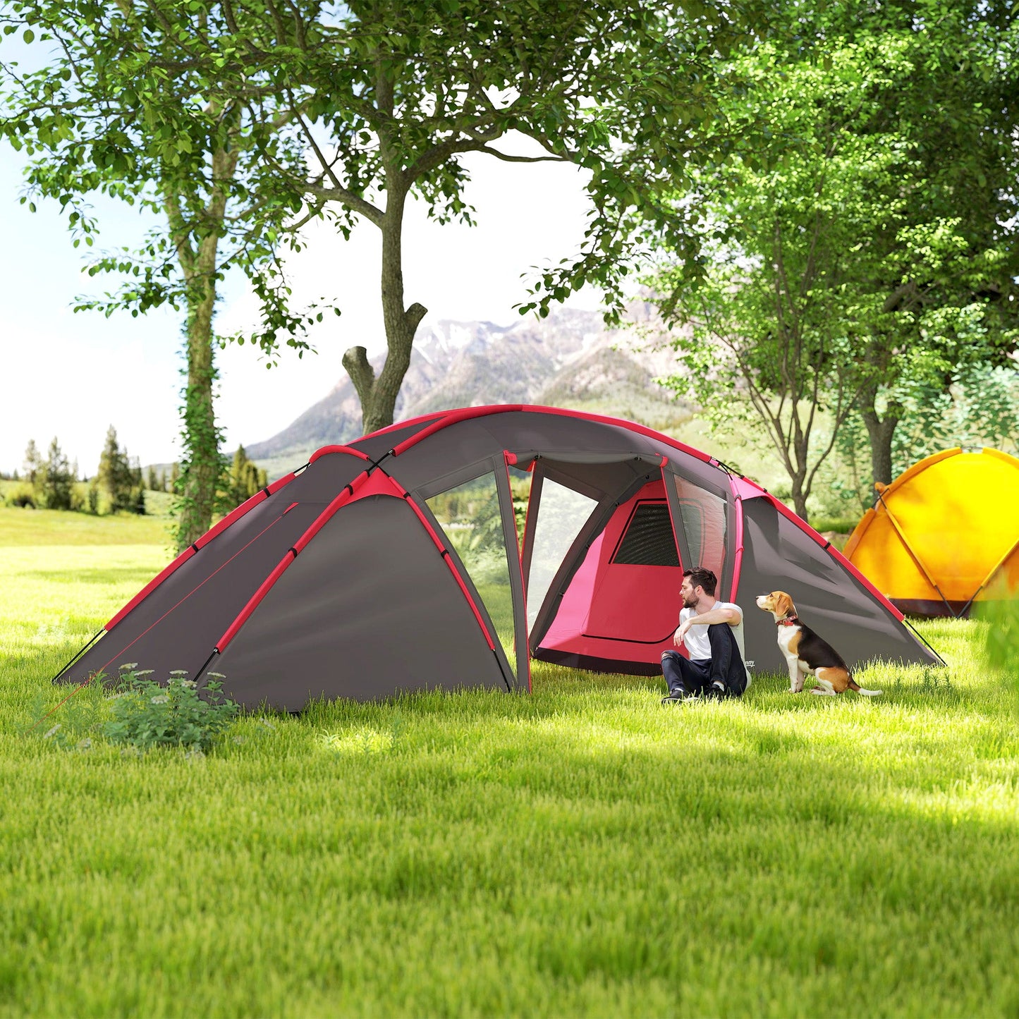 Outsunny 4-6 Man Family Camping Tent w/ 2 Bedrooms and a Living Room, Waterproof Tunnel Tent w/ Sewn In Groundsheet, Doors, Windows, Carry Bag, Grey