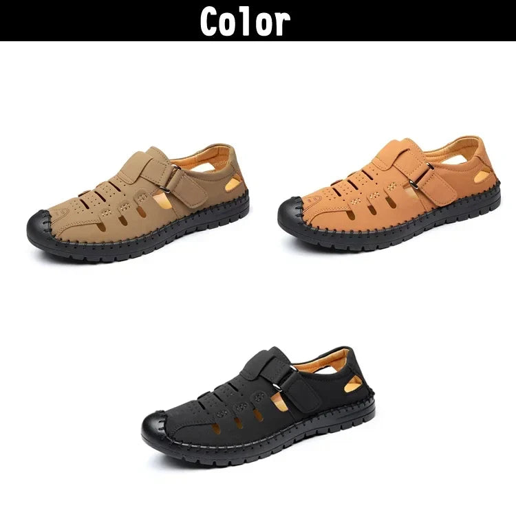 Men's Summer Hollow out Comfortable Breathable Slip-On Leather Shoes Anti-Slip Soft Bottom Outdoor Casual Loafers-1375