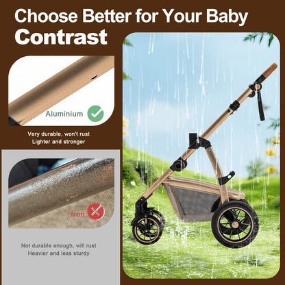 3 in 1 Prams Travel System, Pushchair with Height Adjustable Handle, Travel Pram with Mosquito Net, Baby Stroller with Aluminum