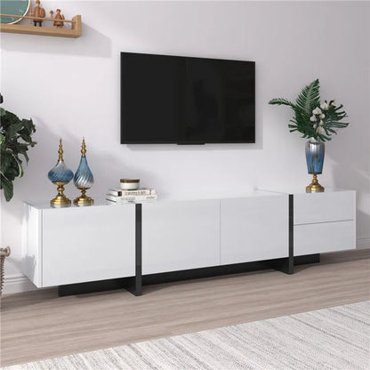 190x45x35cm High-Gloss White & Black TV Stand, Low Cabinet with Doors (Built-in Shelves) & Drawers, Contrast Black Legs Minimali