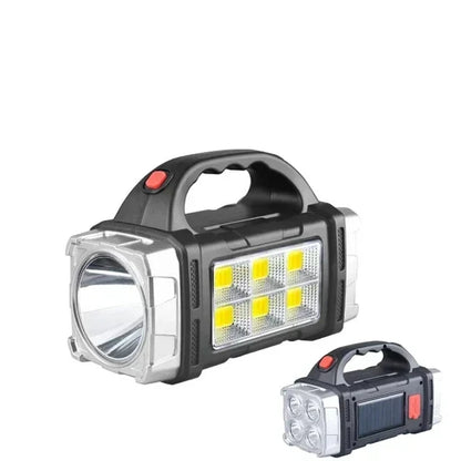 2024 Powerful LED Flashlight USB+Solar Rechargeable Flashlight COB Outdoor Camping Torch Portable Searchlight Power Bank Outdoor