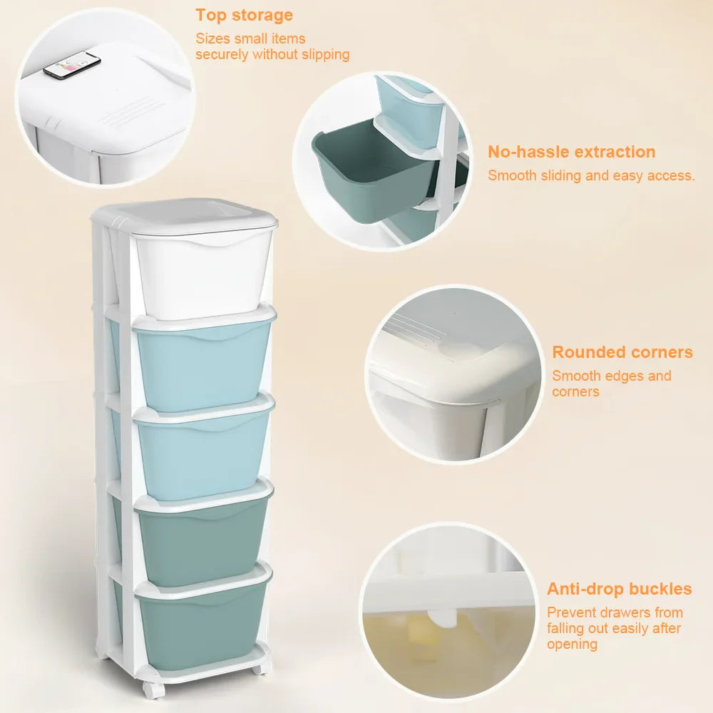 6/5 Tier Drawer Storage Cabinet Stackable Dustproof Storage Organizer with Wheels Floor-standing Storage Box Office Supplies