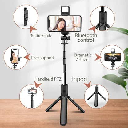 Cell Phone Selfie Stick Tripod Bluetooth Remote Wireless Selfi Stick Phone HolderStand with Beauty Fill Light for Phone