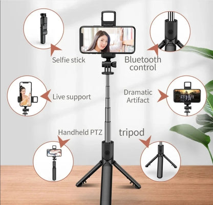 Cell Phone Selfie Stick Tripod Bluetooth Remote Wireless Selfi Stick Phone HolderStand with Beauty Fill Light for Phone