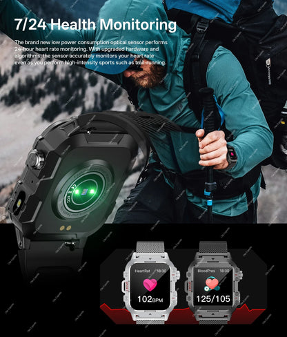 2026 Rugged Military Smart Watch Men's Outdoor Watch LED Flashlight 2.01'' HD Touch Screen Voice Bluetooth Call Smartwatch Gifts