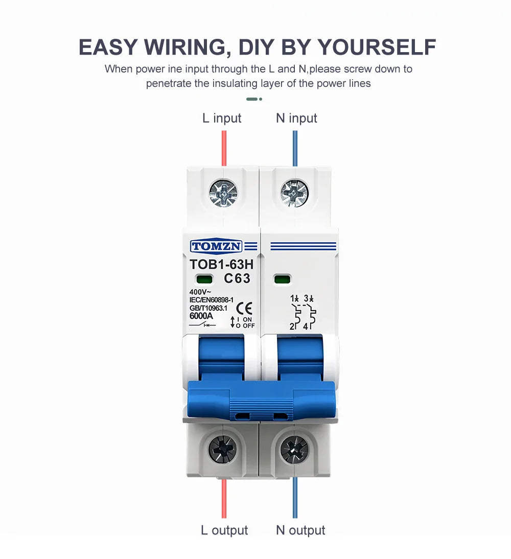 TOMZN 2P AC MCB TOB1-63 C Type 230/400V~ 50Hz/60Hz Mini Circuit Breaker 6A 10A 16A 20A 25A 32A 40A 50A 63A