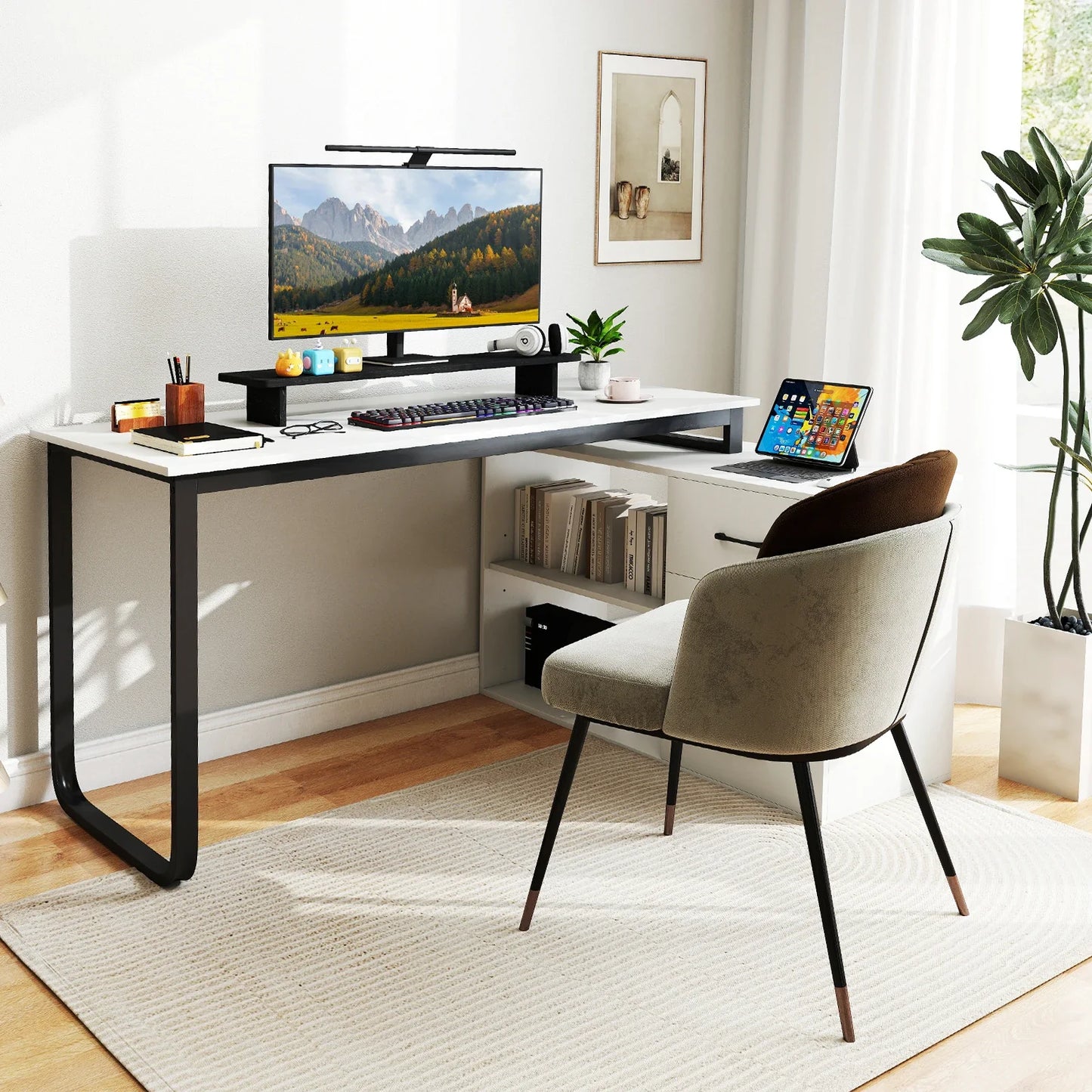 GOFLAME L Shaped Computer Desk Corner Executive Desk w/3 Drawers-White