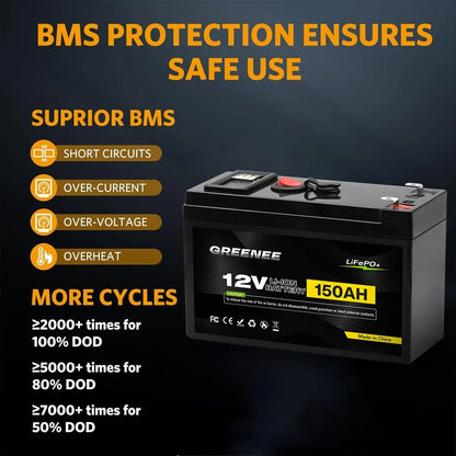 12V 150Ah Lithium LiFePO4 Deep Cycle Battery, 4000+ Cycles Rechargeable Battery, Lithium Iron Phosphate for Solar/Wind Power