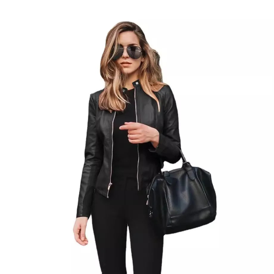 2025 Women Bike Coat PU Leather Outwear Zipper Outfit Autumn Winter Wome Fashion Short Thin Female Jacket
