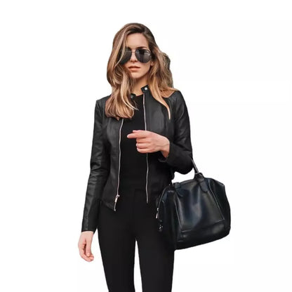2025 Women Bike Coat PU Leather Outwear Zipper Outfit Autumn Winter Wome Fashion Short Thin Female Jacket